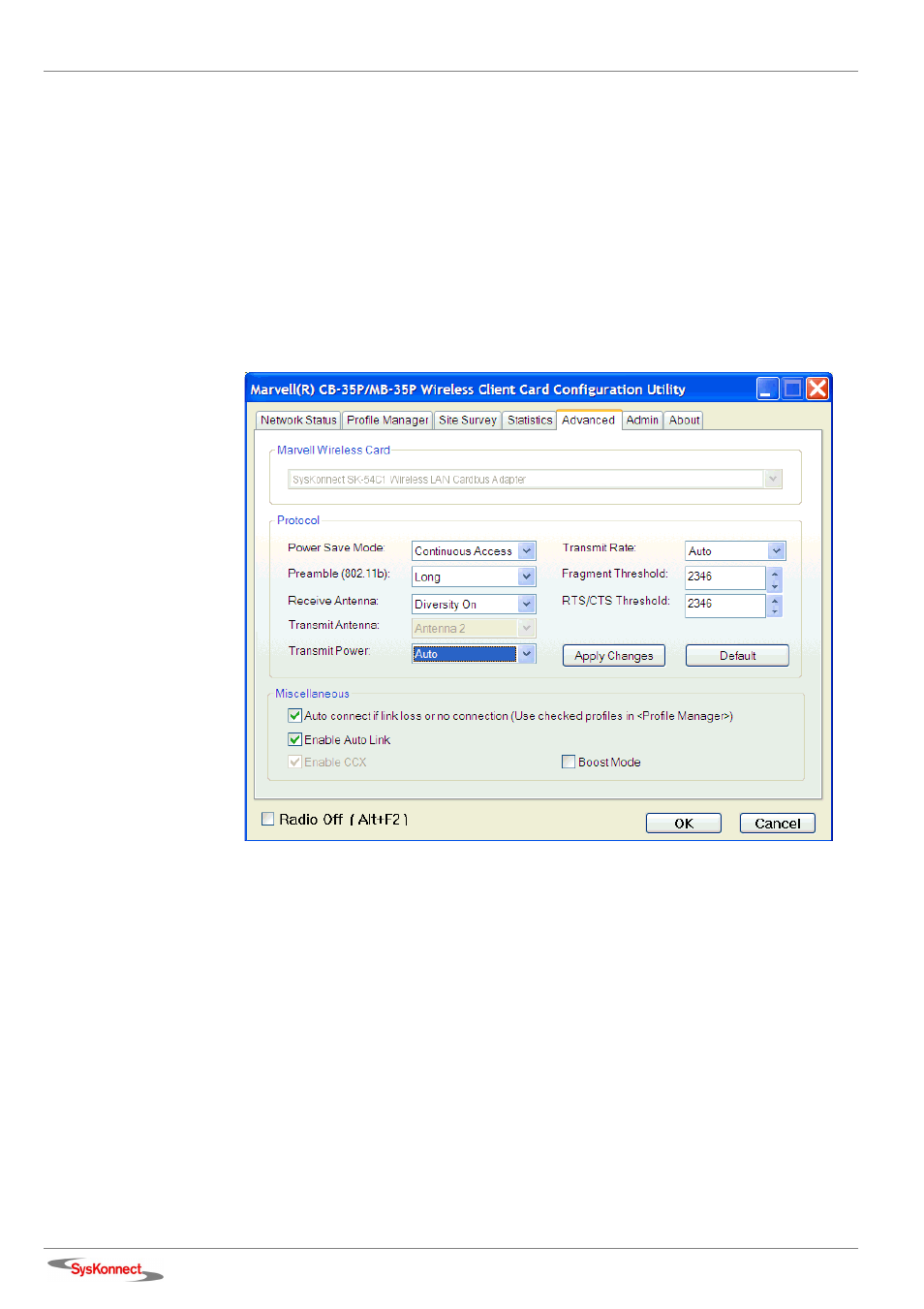 Advanced tab, Marvell wireless card, Figure 45: advanced tab | 44 for det | SysKonnect Wireless LAN Cardbus Adapter SK-54C1 User Manual | Page 44 / 72