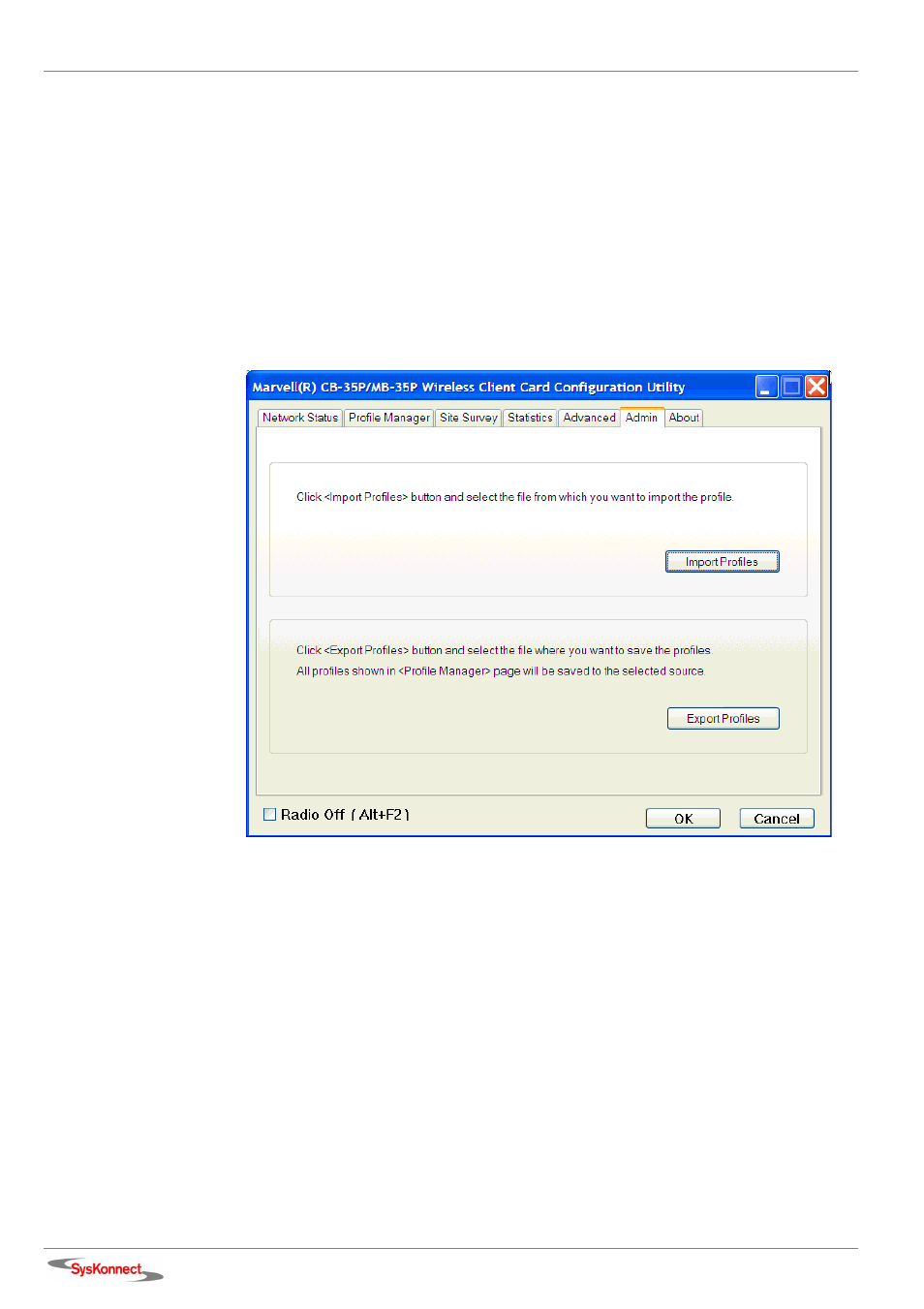 Admin tab, Import profiles, Export profiles | Figure 48: admin tab | SysKonnect Wireless LAN Cardbus Adapter SK-54C1 User Manual | Page 46 / 72
