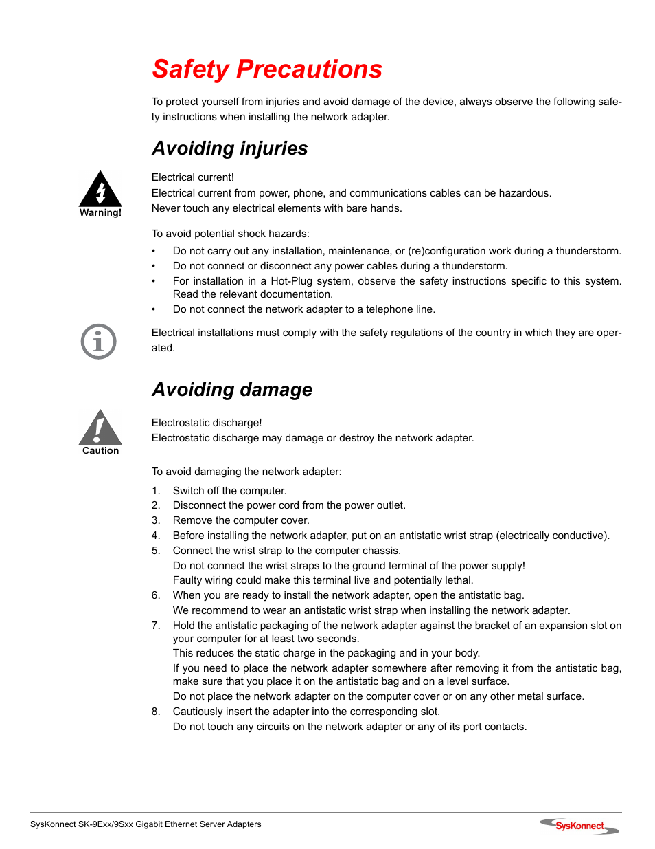 Safety precautions, Avoiding injuries, Avoiding damage | SysKonnect SK-9Sxx User Manual | Page 11 / 54