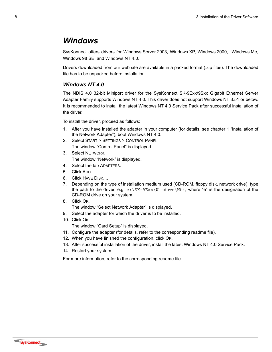 Windows, Windows nt 4.0 | SysKonnect SK-9Sxx User Manual | Page 18 / 54