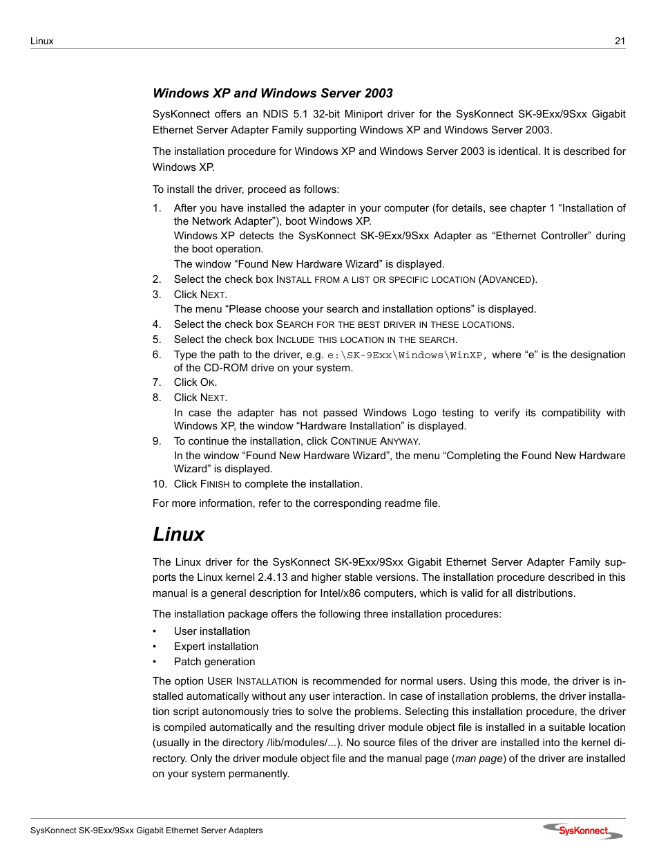 Windows xp and windows server 2003, Linux | SysKonnect SK-9Sxx User Manual | Page 21 / 54