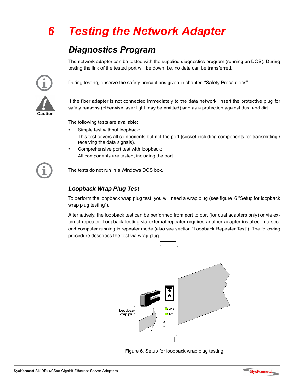 6 testing the network adapter, Diagnostics program, Loopback wrap plug test | Figure 6: setup for loopback wrap plug testing, Chapter 6 “testing the network adapter” an, 6testing the network adapter | SysKonnect SK-9Sxx User Manual | Page 31 / 54