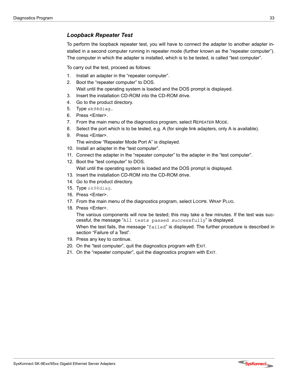 Loopback repeater test | SysKonnect SK-9Sxx User Manual | Page 33 / 54