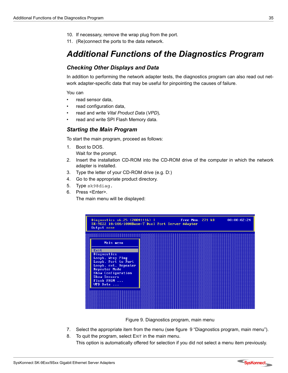 Additional functions of the diagnostics program, Checking other displays and data, Starting the main program | Figure 9: diagnostics program, main menu | SysKonnect SK-9Sxx User Manual | Page 35 / 54