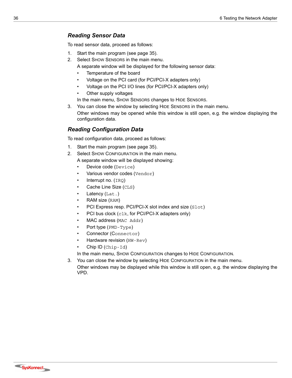 Reading sensor data, Reading configuration data | SysKonnect SK-9Sxx User Manual | Page 36 / 54