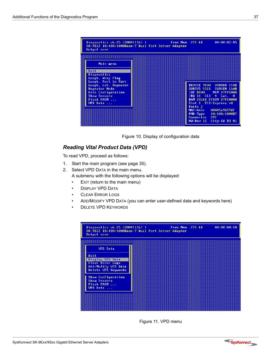 Reading vital product data (vpd), Figure 10: display of configuration data, Figure 11: vpd menu | SysKonnect SK-9Sxx User Manual | Page 37 / 54