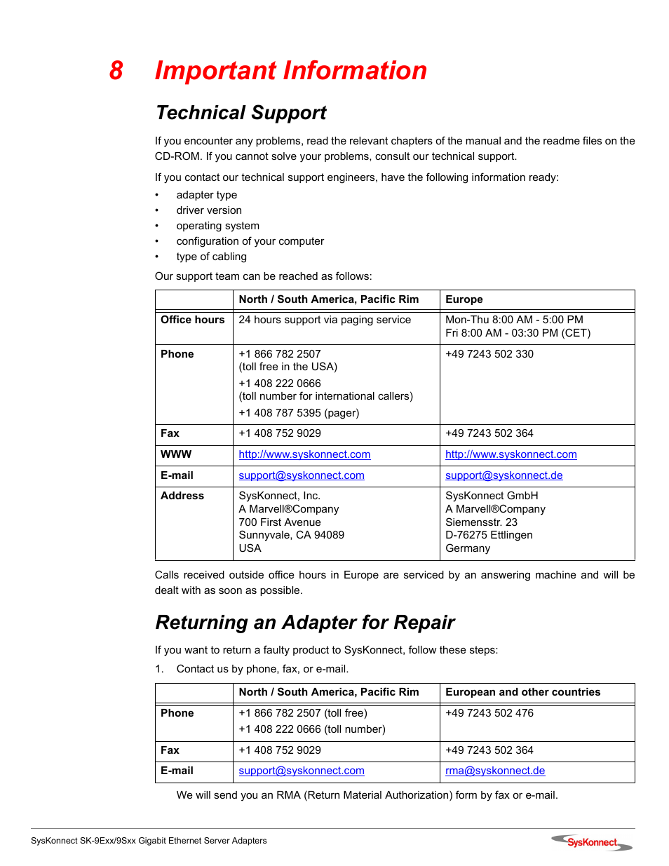 8 important information, Technical support, Returning an adapter for repair | N in section “returning an adapter for repair, 8important information | SysKonnect SK-9Sxx User Manual | Page 43 / 54