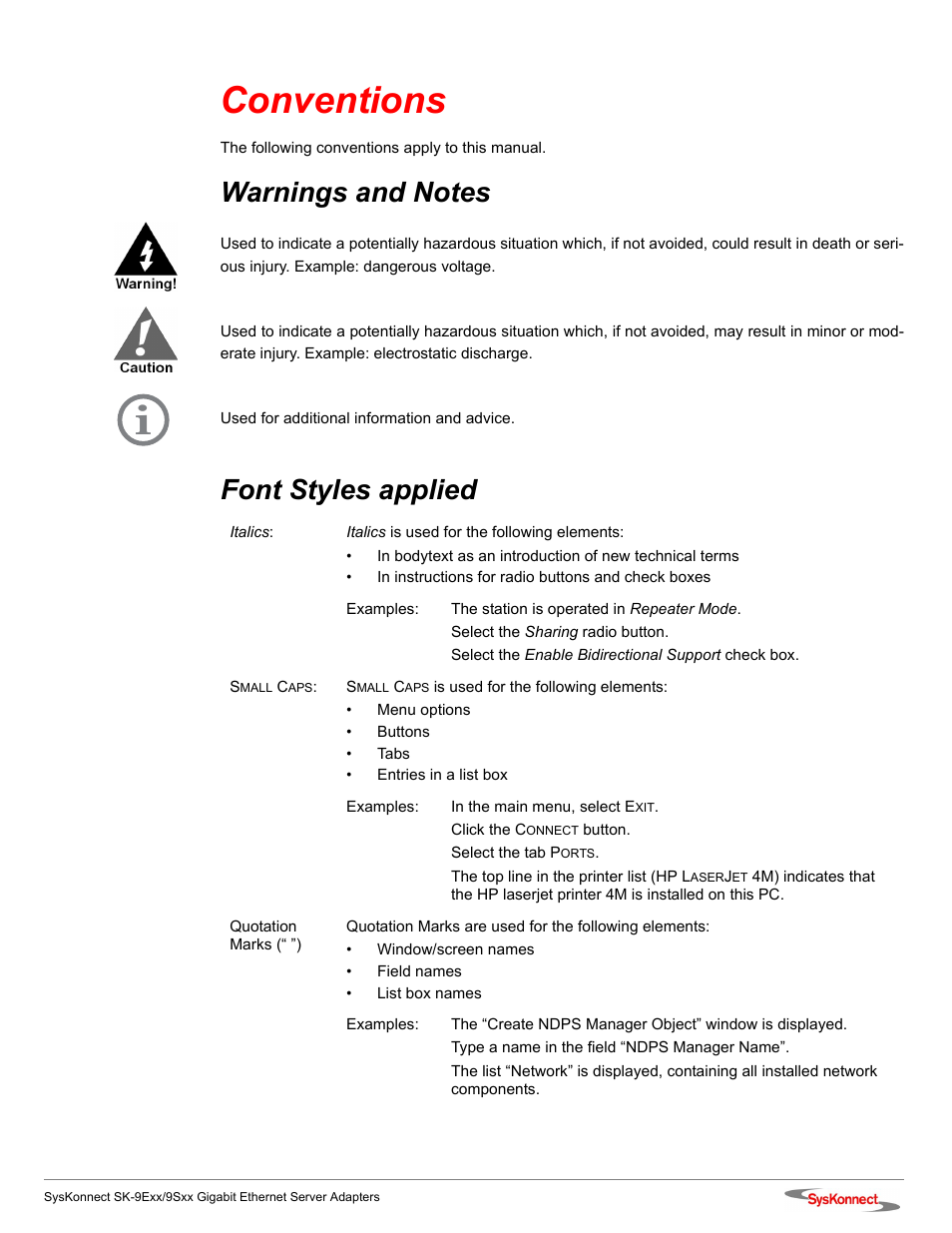 Conventions, Warnings and notes, Font styles applied | SysKonnect SK-9Sxx User Manual | Page 5 / 54