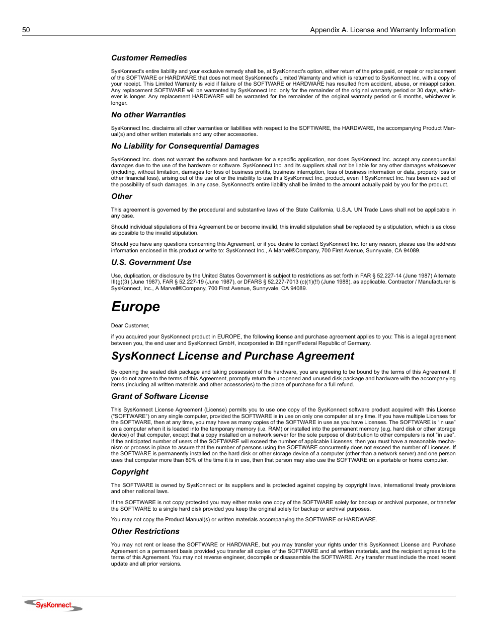 Europe, Syskonnect license and purchase agreement | SysKonnect SK-9Sxx User Manual | Page 50 / 54
