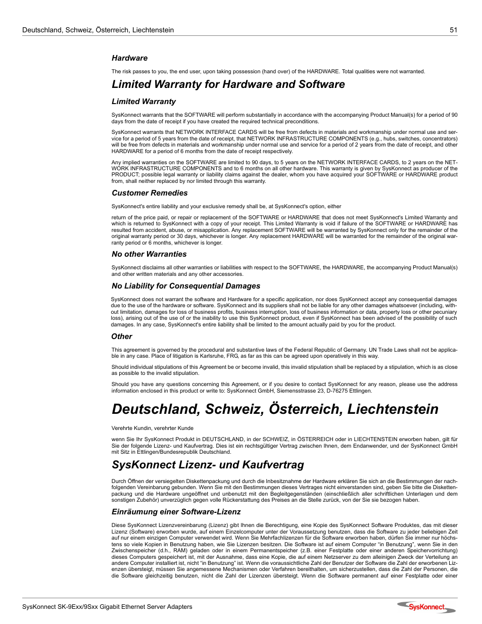 Deutschland, schweiz, österreich, liechtenstein, Limited warranty for hardware and software, Syskonnect lizenz- und kaufvertrag | SysKonnect SK-9Sxx User Manual | Page 51 / 54