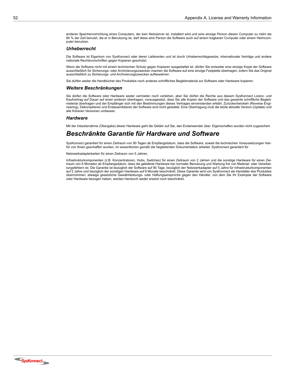 Beschränkte garantie für hardware und software | SysKonnect SK-9Sxx User Manual | Page 52 / 54