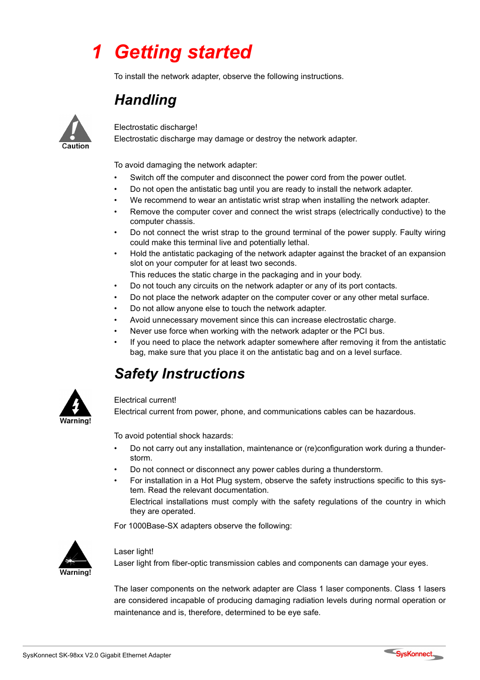 1 getting started, Handling, Safety instructions | SysKonnect SK-98xx V2.0 User Manual | Page 11 / 66