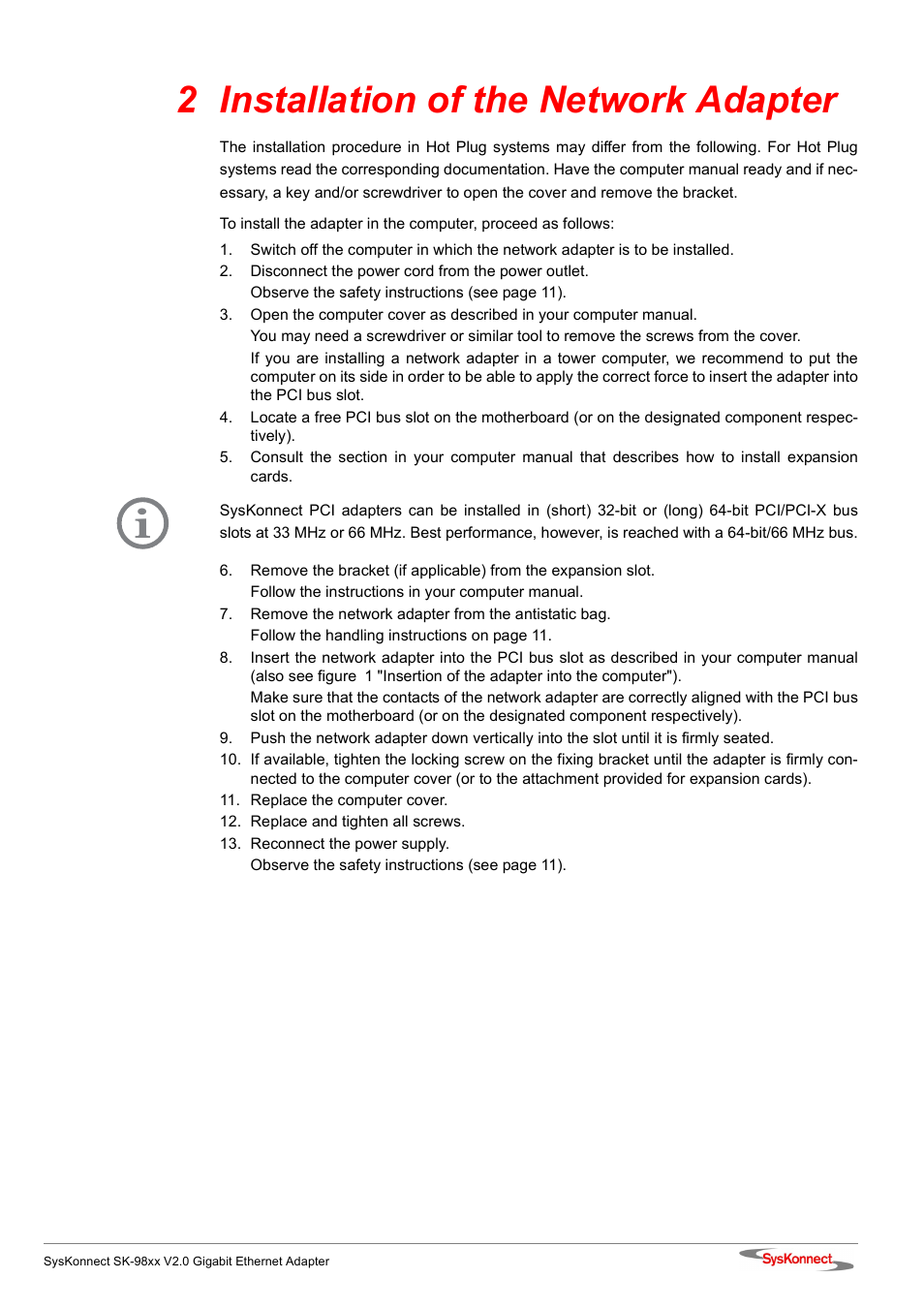 2 installation of the network adapter | SysKonnect SK-98xx V2.0 User Manual | Page 13 / 66