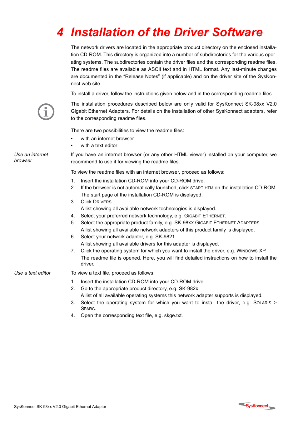 4 installation of the driver software | SysKonnect SK-98xx V2.0 User Manual | Page 17 / 66