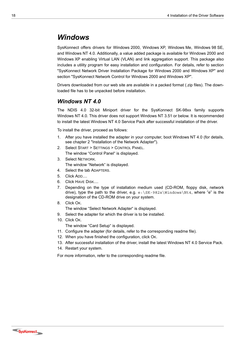 Windows, Windows nt 4.0 | SysKonnect SK-98xx V2.0 User Manual | Page 18 / 66