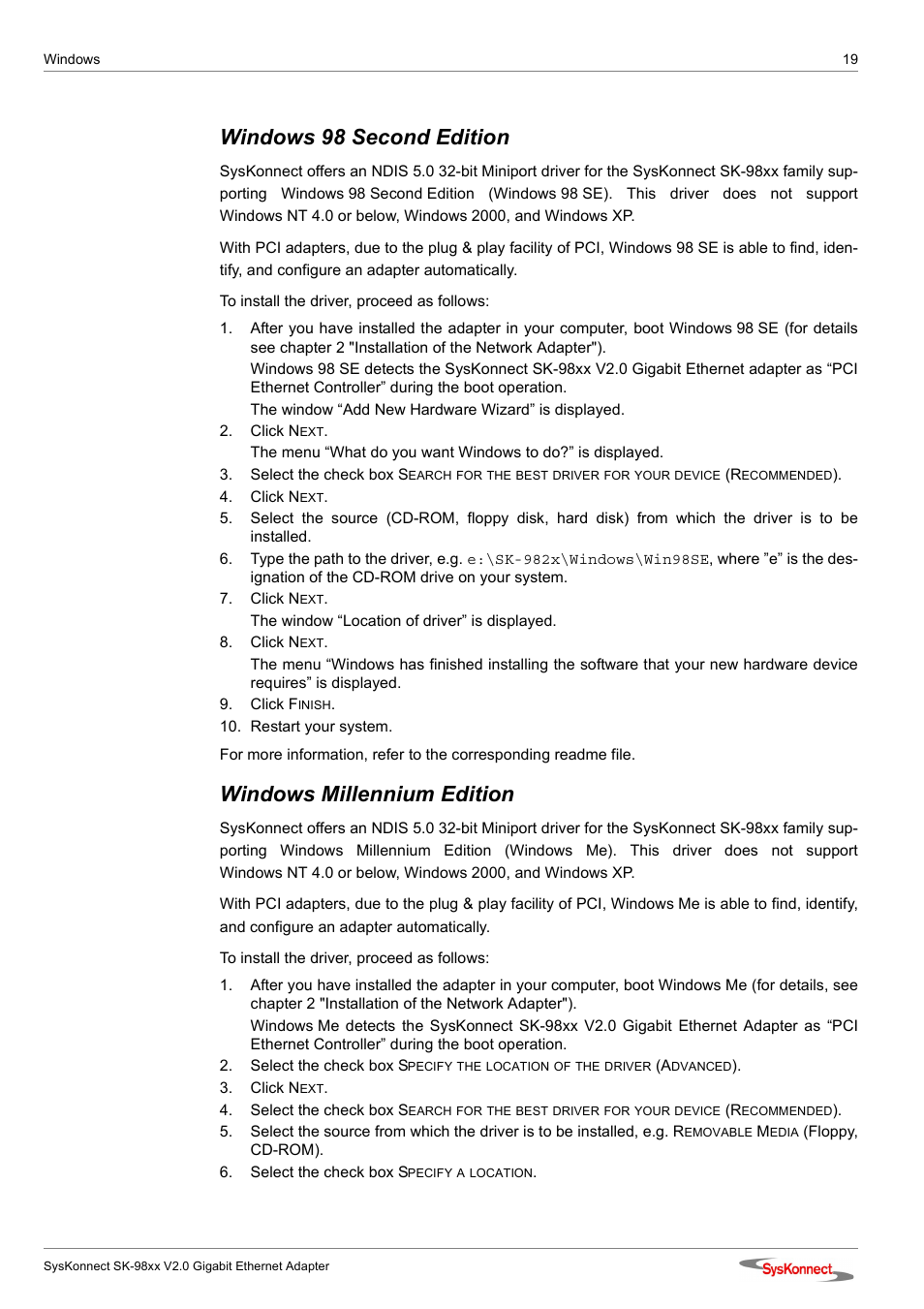 Windows 98 second edition, Windows millennium edition | SysKonnect SK-98xx V2.0 User Manual | Page 19 / 66