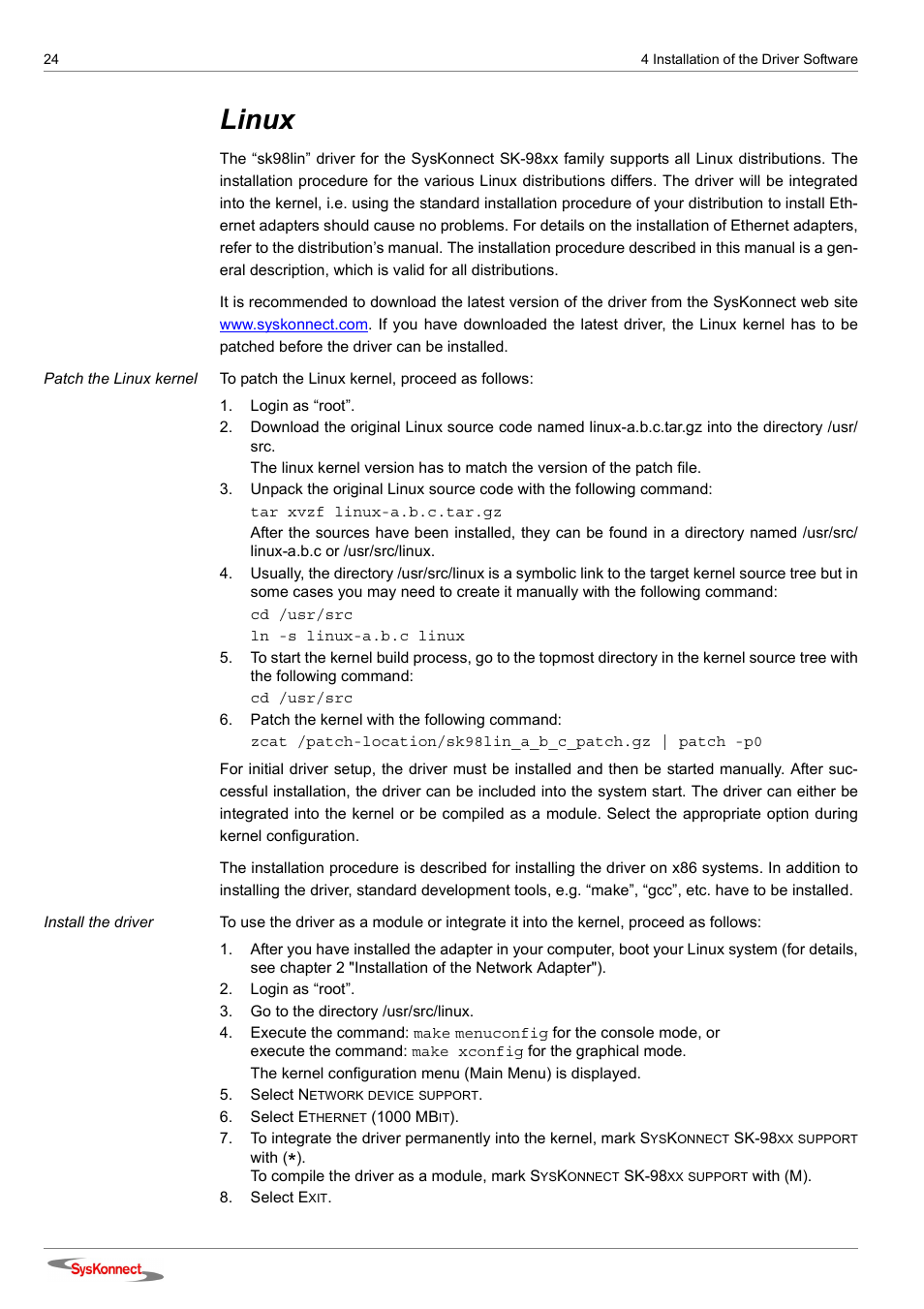 Linux | SysKonnect SK-98xx V2.0 User Manual | Page 24 / 66