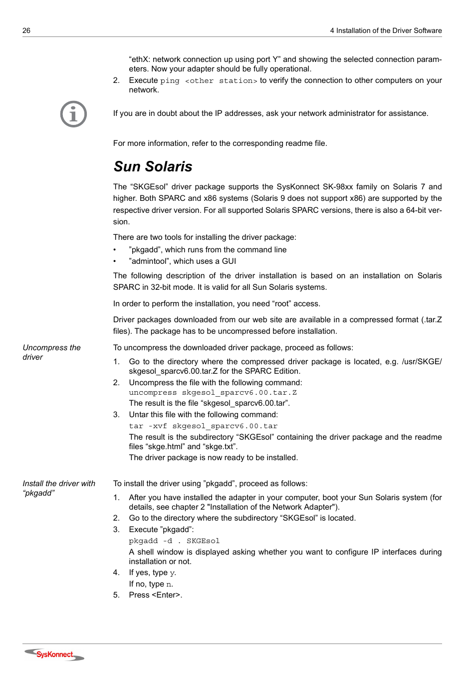 Sun solaris | SysKonnect SK-98xx V2.0 User Manual | Page 26 / 66