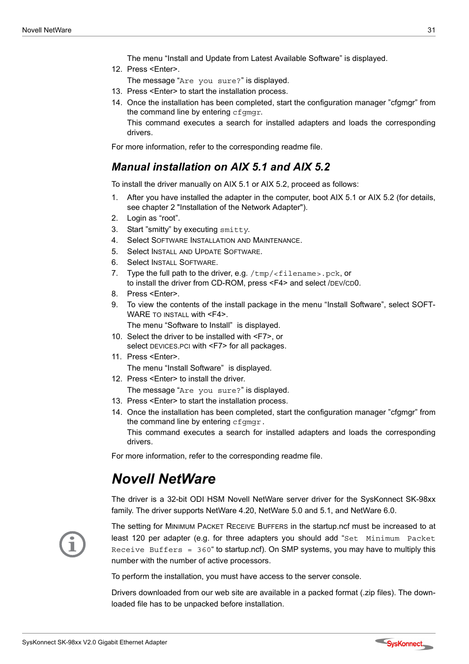 Manual installation on aix 5.1 and aix 5.2, Novell netware | SysKonnect SK-98xx V2.0 User Manual | Page 31 / 66