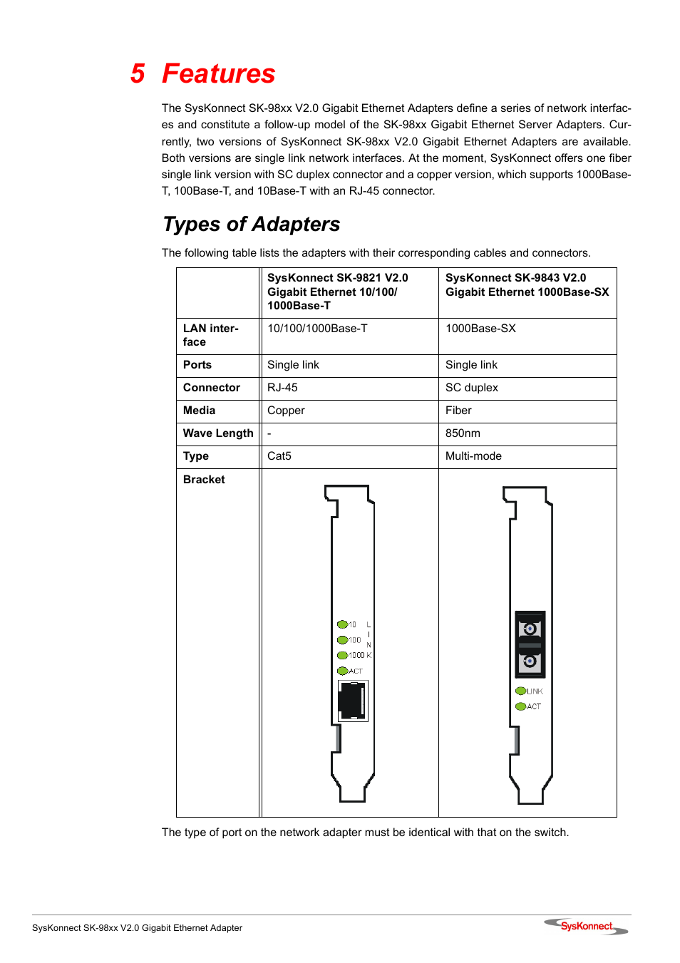 5 features, Types of adapters | SysKonnect SK-98xx V2.0 User Manual | Page 35 / 66
