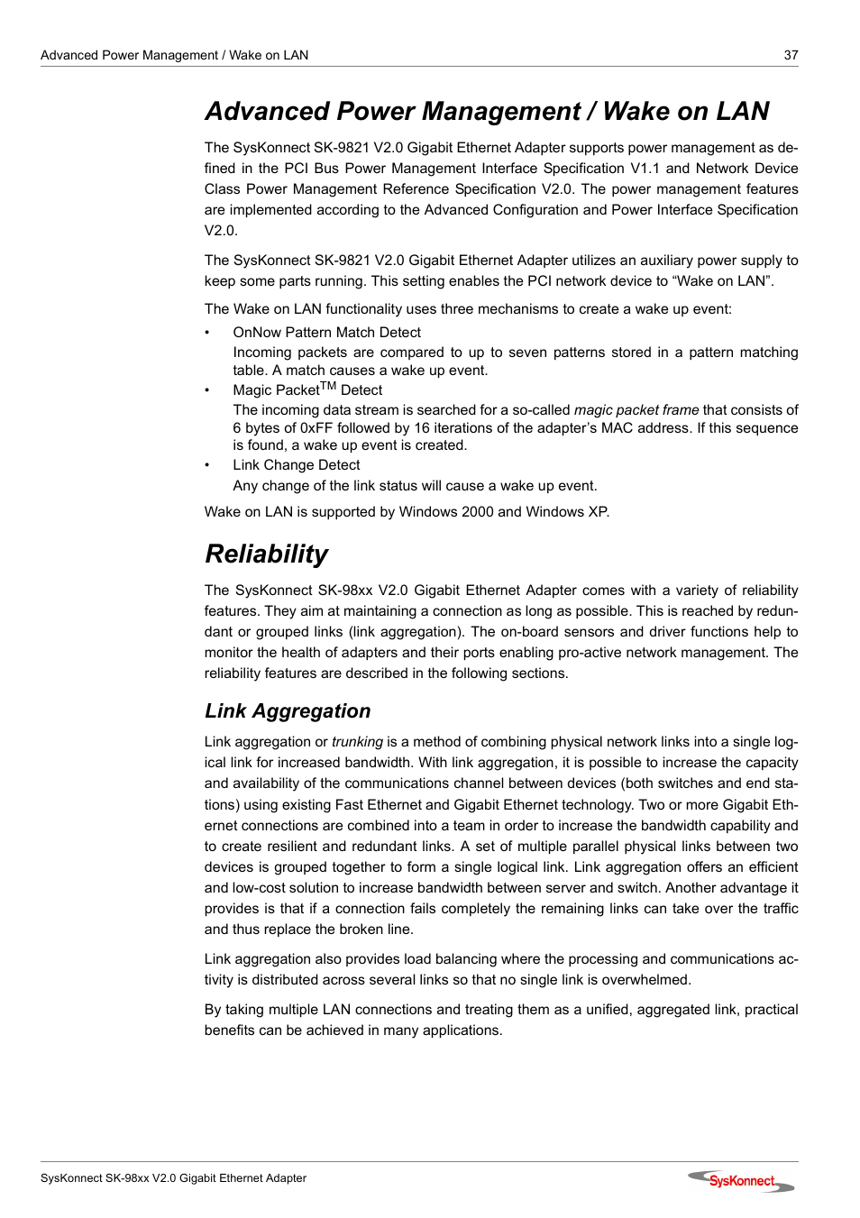 Advanced power management / wake on lan, Reliability, Link aggregation | SysKonnect SK-98xx V2.0 User Manual | Page 37 / 66