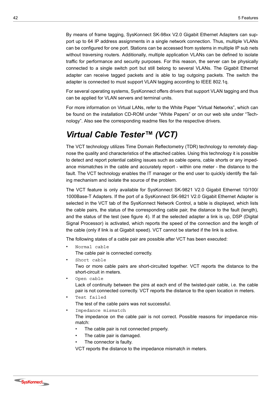Virtual cable tester™ (vct) | SysKonnect SK-98xx V2.0 User Manual | Page 42 / 66