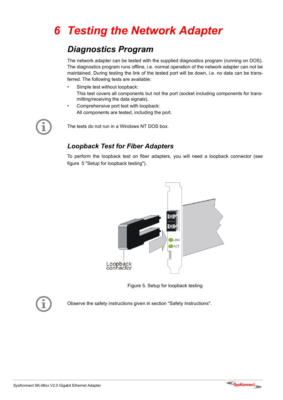 6 testing the network adapter, Diagnostics program, Loopback test for fiber adapters | Figure 5: setup for loopback testing | SysKonnect SK-98xx V2.0 User Manual | Page 45 / 66