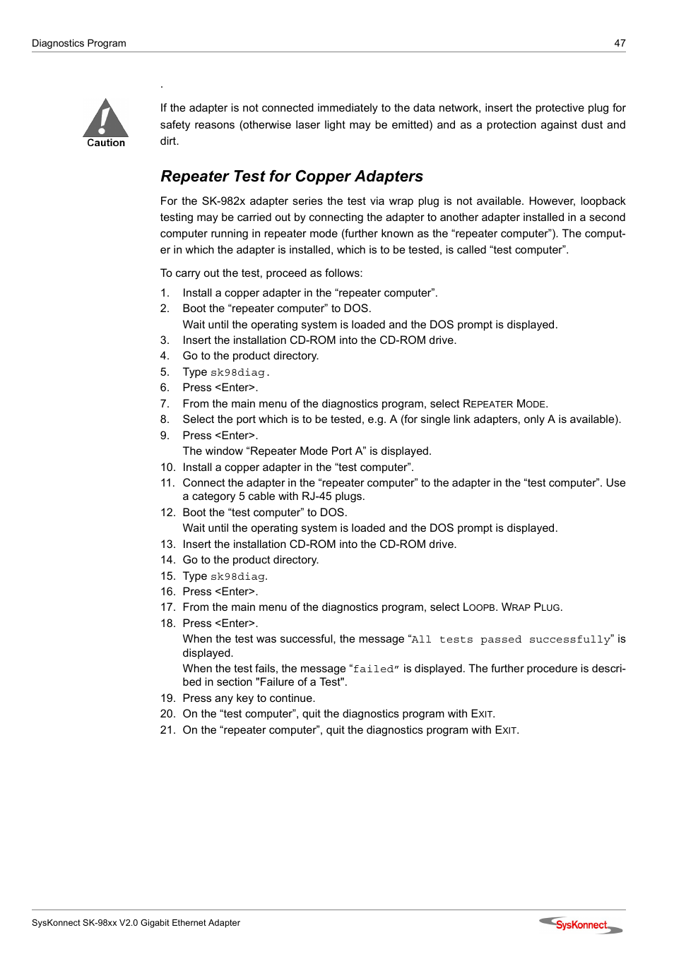 Repeater test for copper adapters | SysKonnect SK-98xx V2.0 User Manual | Page 47 / 66