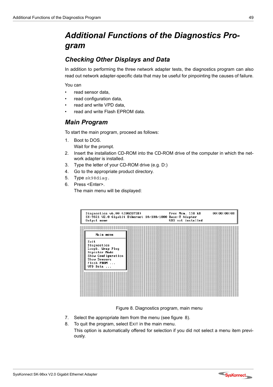 Additional functions of the diagnostics program, Checking other displays and data, Main program | Figure 8: diagnostics program, main menu, Additional functions of the diagnostics pro- gram | SysKonnect SK-98xx V2.0 User Manual | Page 49 / 66