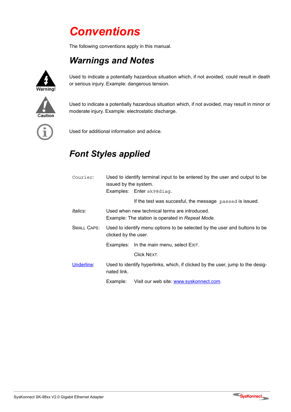 Conventions, Warnings and notes, Font styles applied | SysKonnect SK-98xx V2.0 User Manual | Page 5 / 66