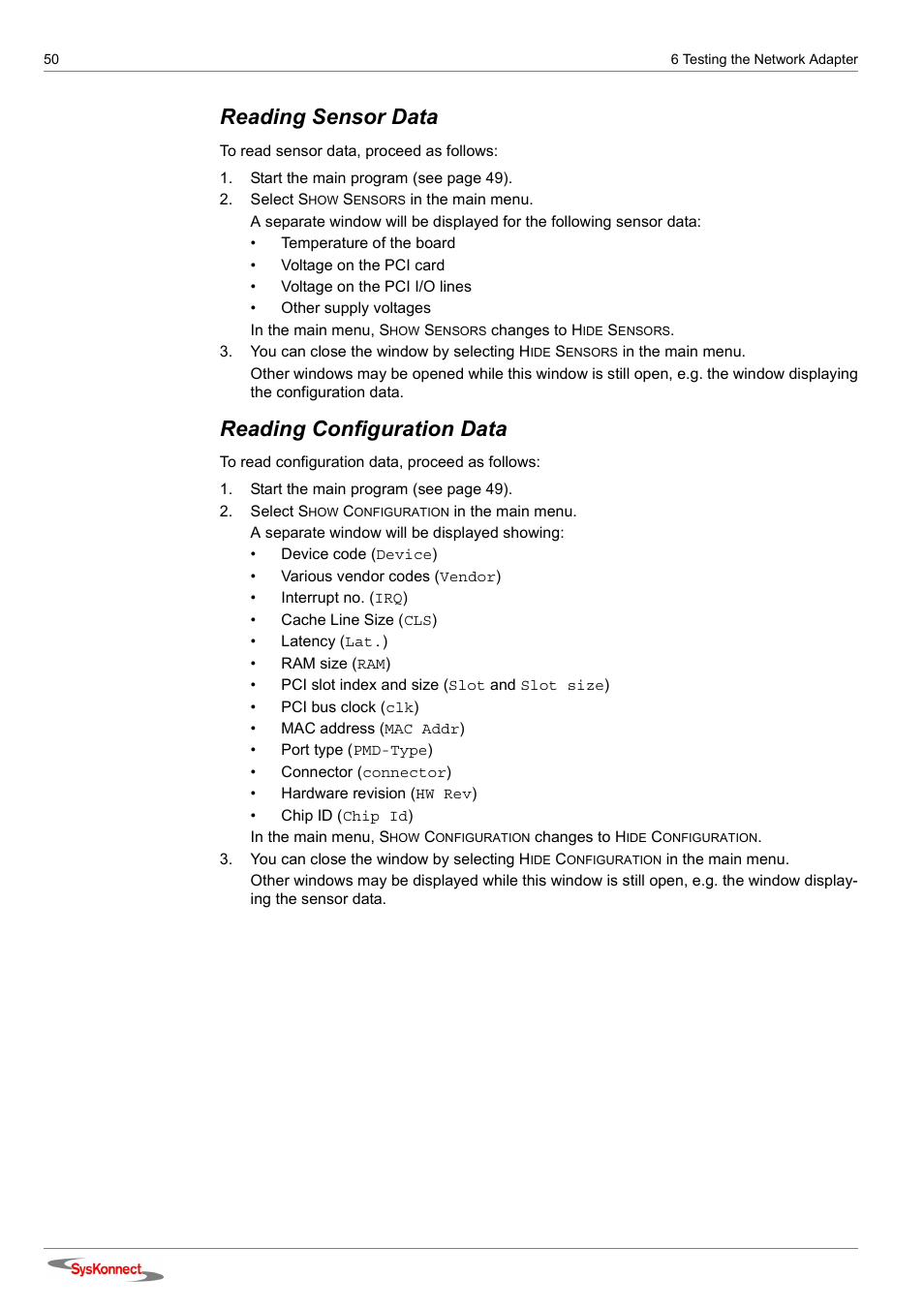 Reading sensor data, Reading configuration data | SysKonnect SK-98xx V2.0 User Manual | Page 50 / 66