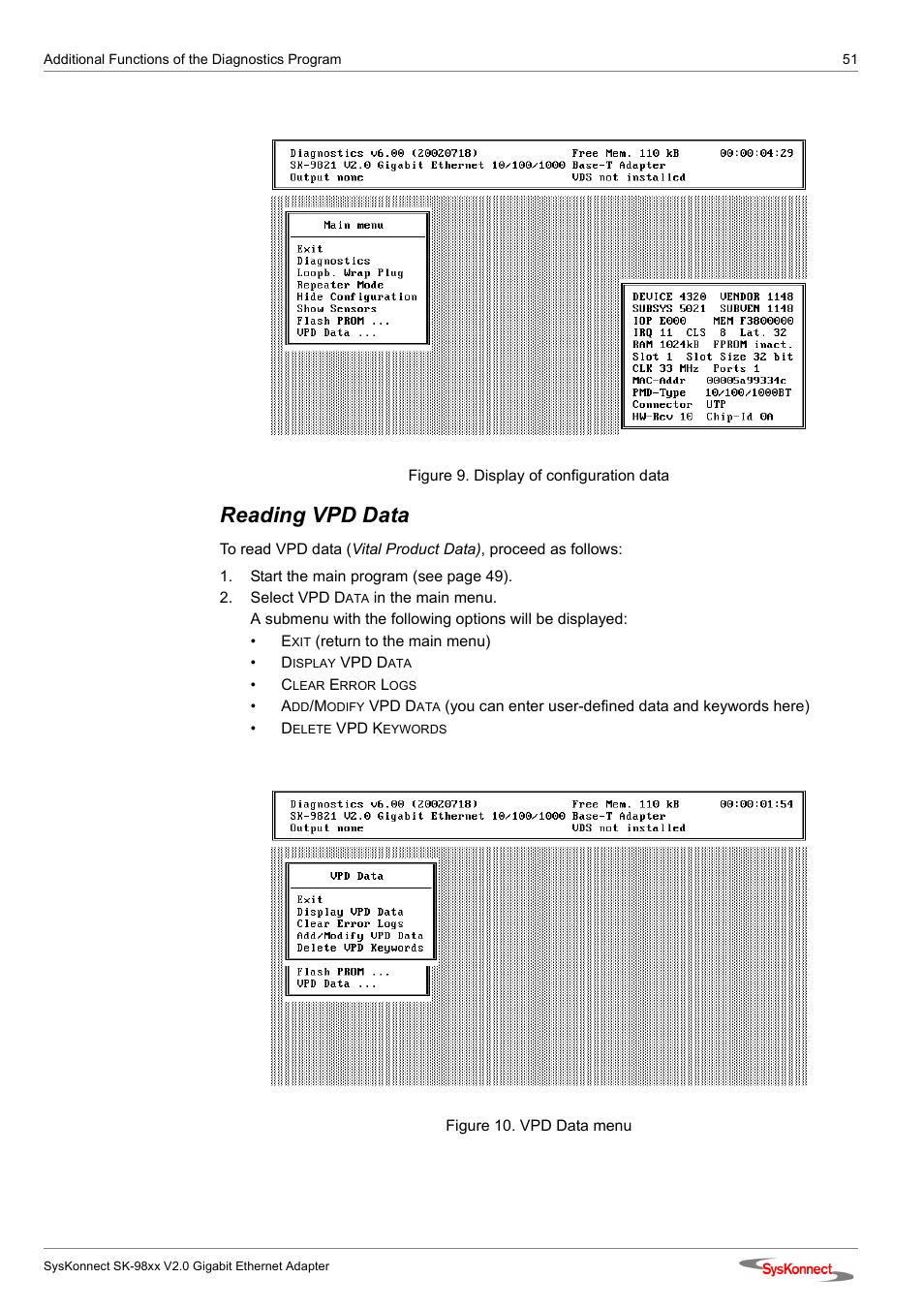 Reading vpd data, Figure 9: display of configuration data, Figure 10: vpd data menu | SysKonnect SK-98xx V2.0 User Manual | Page 51 / 66