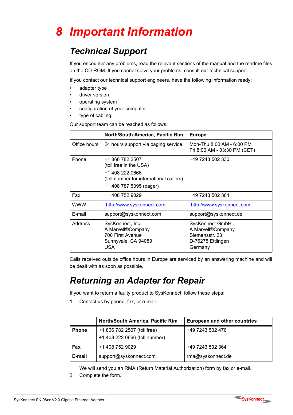 8 important information, Technical support, Returning an adapter for repair | SysKonnect SK-98xx V2.0 User Manual | Page 57 / 66