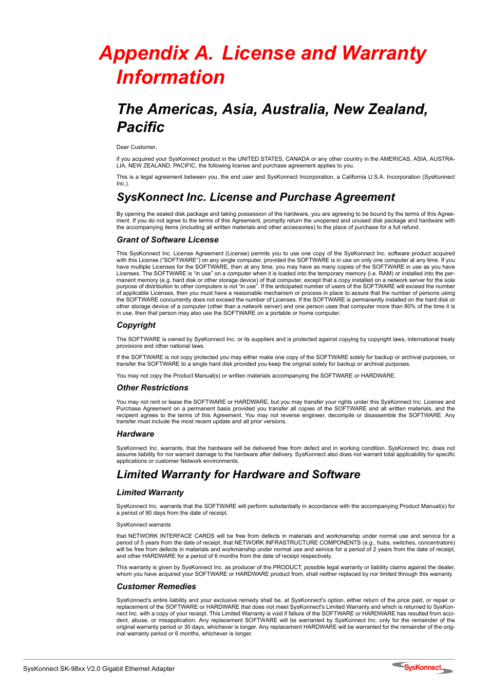 Appendix a. license and warranty information, Appendix a, License and warranty information | Syskonnect inc. license and purchase agreement, Limited warranty for hardware and software | SysKonnect SK-98xx V2.0 User Manual | Page 61 / 66