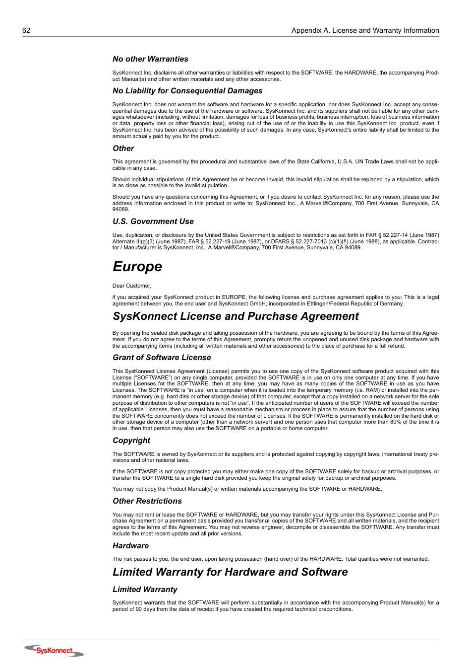 Europe, Syskonnect license and purchase agreement, Limited warranty for hardware and software | SysKonnect SK-98xx V2.0 User Manual | Page 62 / 66