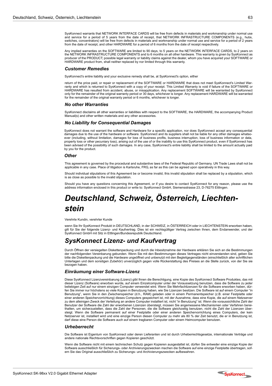 Deutschland, schweiz, österreich, liechtenstein, Deutschland, schweiz, österreich, liechten- stein, Syskonnect lizenz- und kaufvertrag | SysKonnect SK-98xx V2.0 User Manual | Page 63 / 66