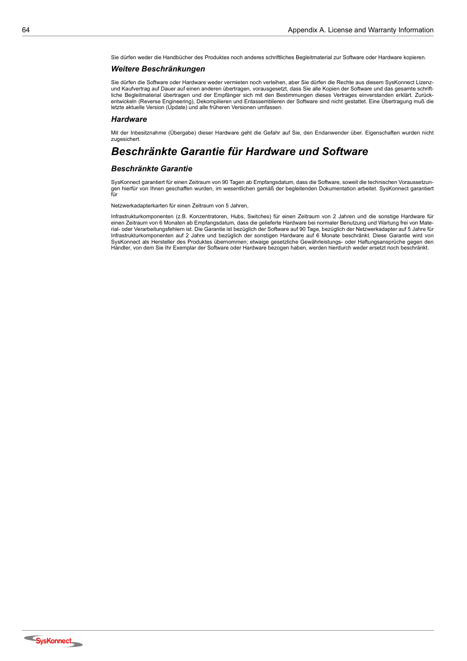 Beschränkte garantie für hardware und software | SysKonnect SK-98xx V2.0 User Manual | Page 64 / 66