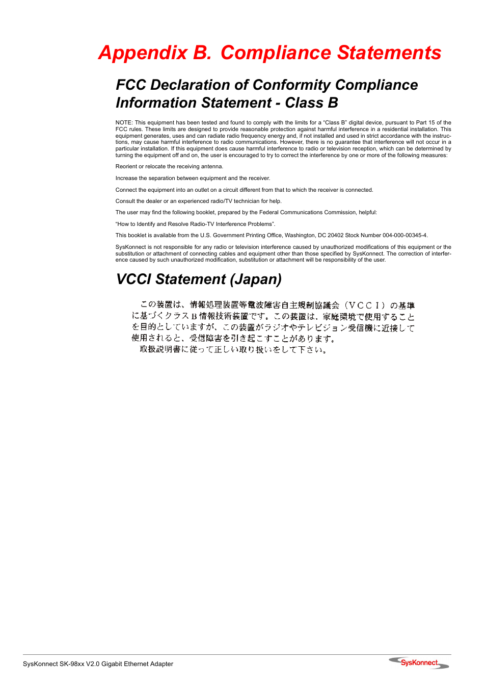 Appendix b. compliance statements, Vcci statement (japan), Appendix b | Compliance statements | SysKonnect SK-98xx V2.0 User Manual | Page 65 / 66