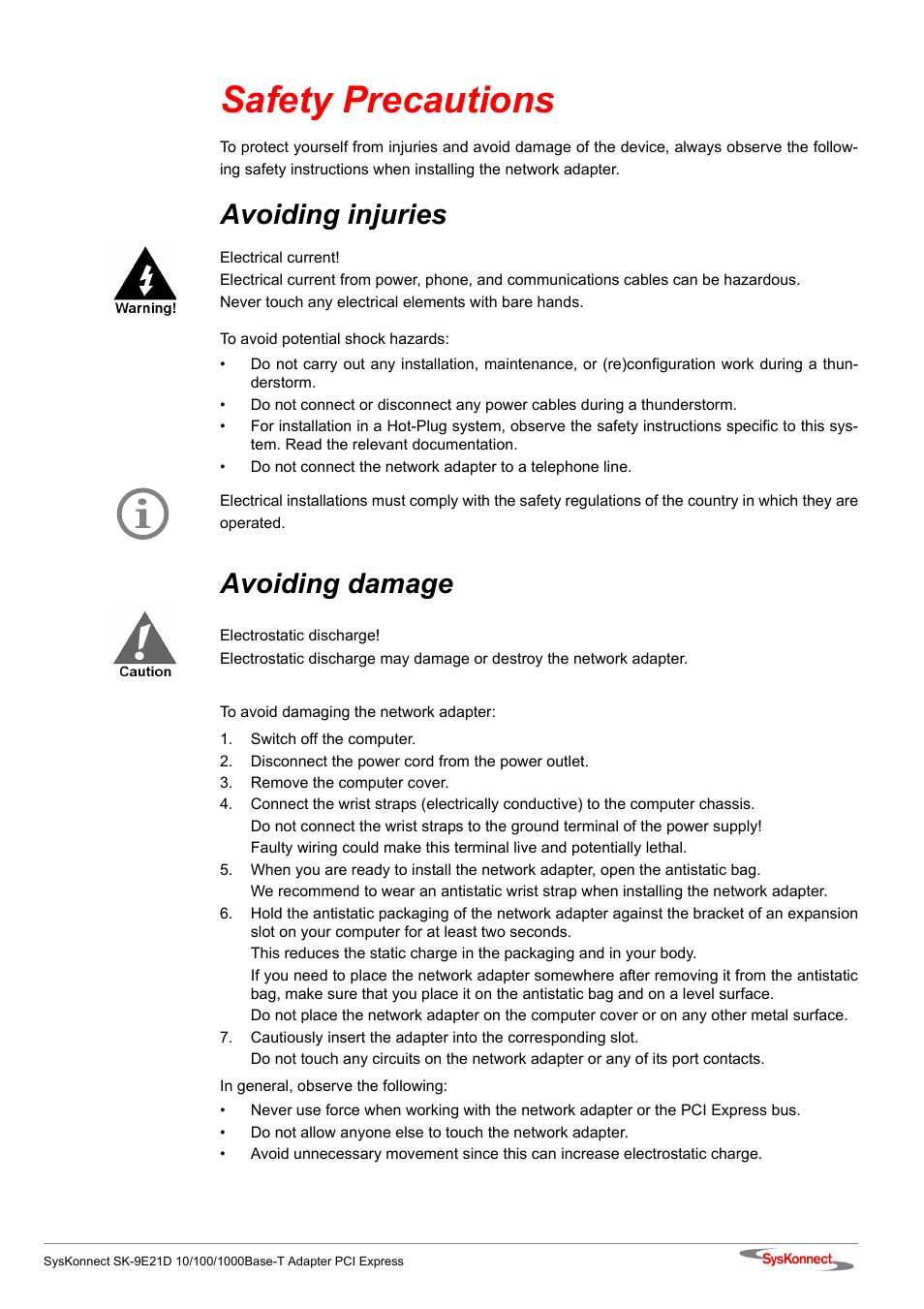 Safety precautions, Avoiding injuries, Avoiding damage | SysKonnect SK-9E21D User Manual | Page 11 / 46
