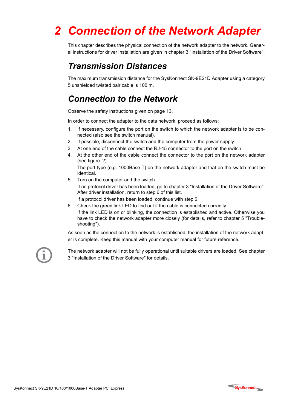 2 connection of the network adapter, Transmission distances, Connection to the network | SysKonnect SK-9E21D User Manual | Page 15 / 46