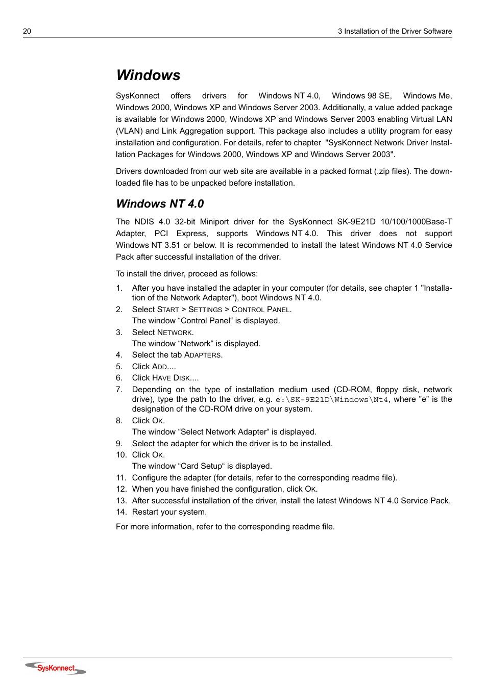 Windows, Windows nt 4.0 | SysKonnect SK-9E21D User Manual | Page 18 / 46
