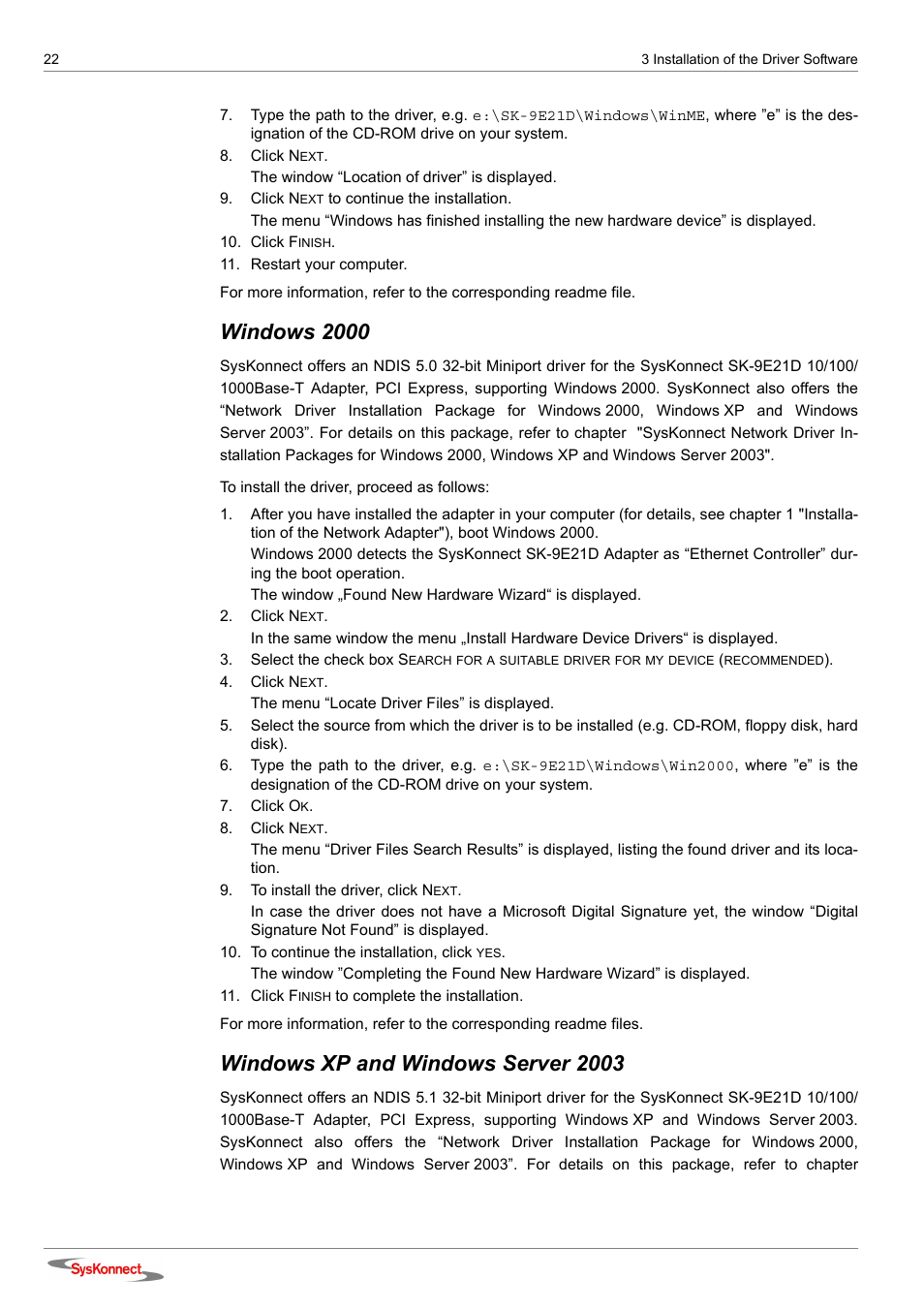 Windows 2000, Windows xp and windows server 2003 | SysKonnect SK-9E21D User Manual | Page 20 / 46