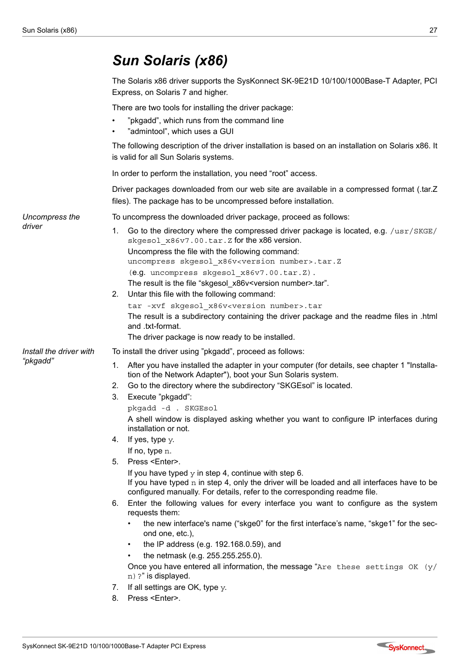 Sun solaris (x86) | SysKonnect SK-9E21D User Manual | Page 25 / 46