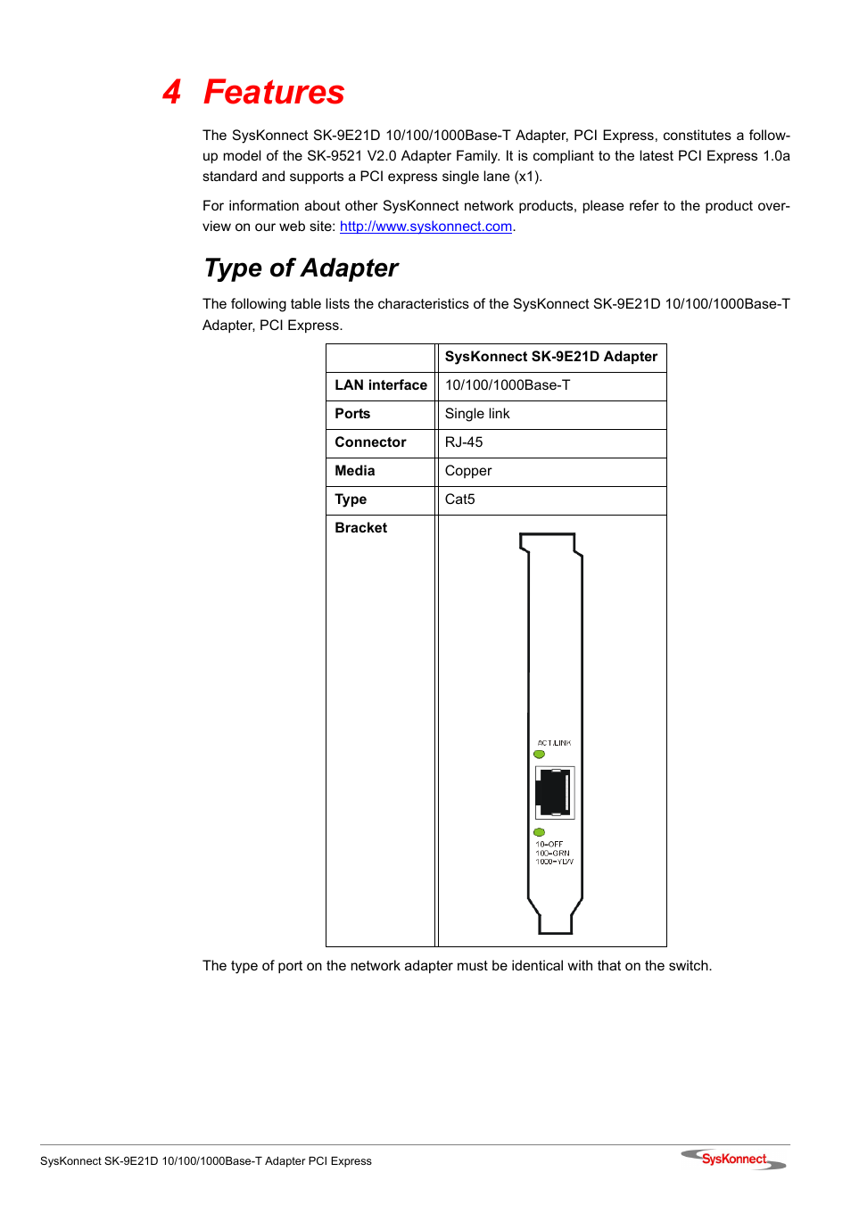 4 features, Type of adapter | SysKonnect SK-9E21D User Manual | Page 29 / 46