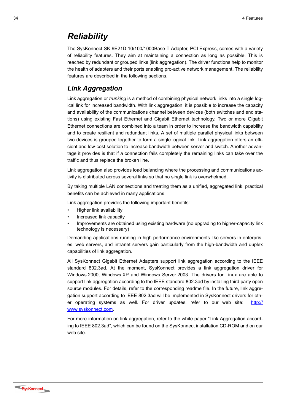 Reliability, Link aggregation | SysKonnect SK-9E21D User Manual | Page 32 / 46