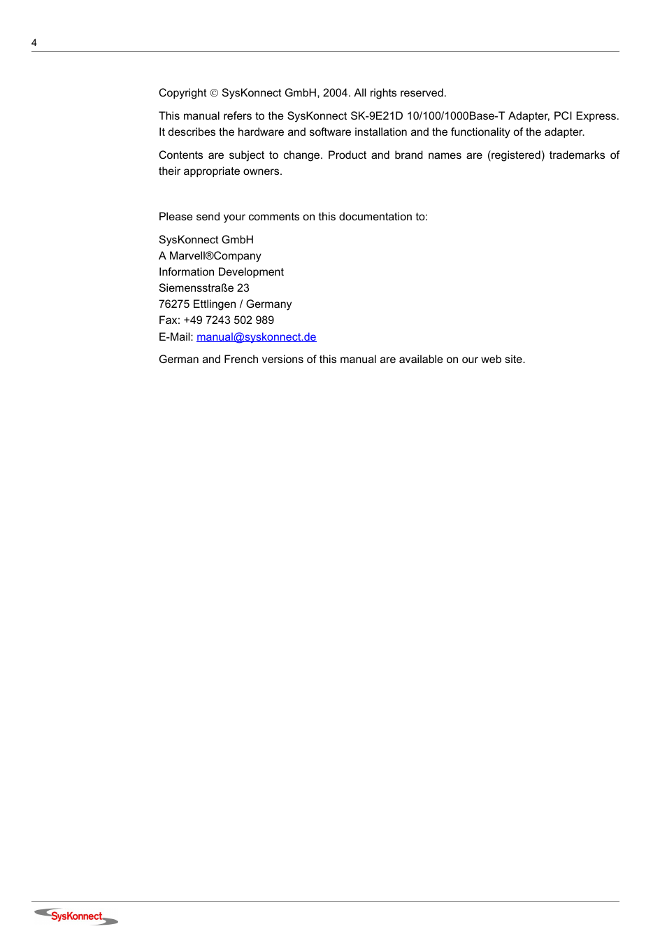 SysKonnect SK-9E21D User Manual | Page 4 / 46