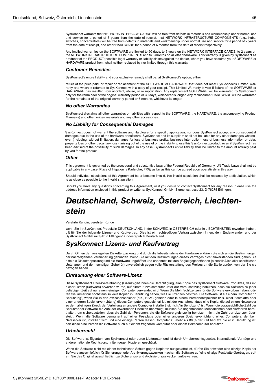 Deutschland, schweiz, österreich, liechtenstein, Deutschland, schweiz, österreich, liechten- stein, Syskonnect lizenz- und kaufvertrag | SysKonnect SK-9E21D User Manual | Page 43 / 46