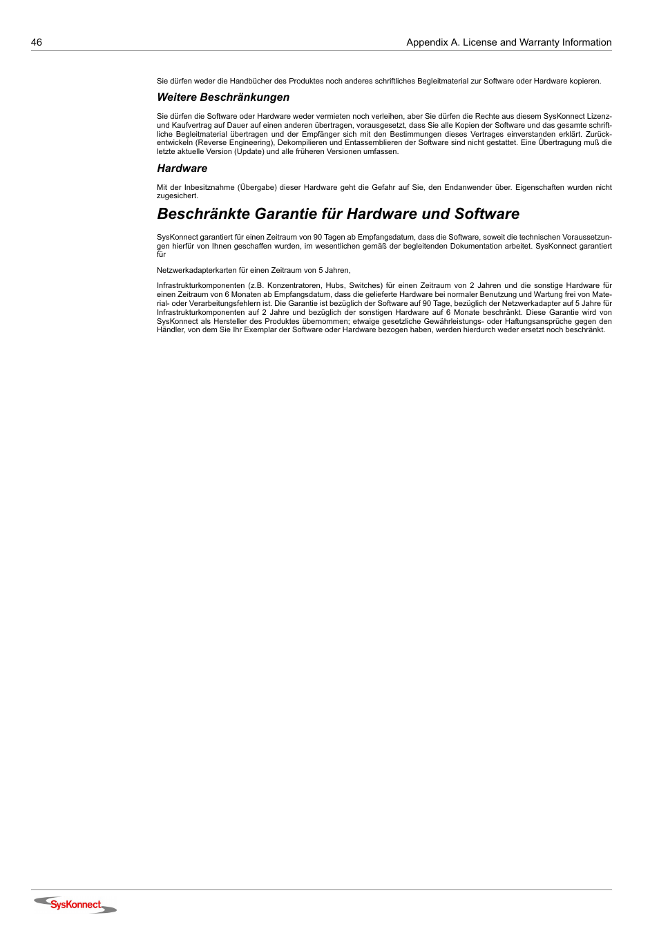 Beschränkte garantie für hardware und software | SysKonnect SK-9E21D User Manual | Page 44 / 46