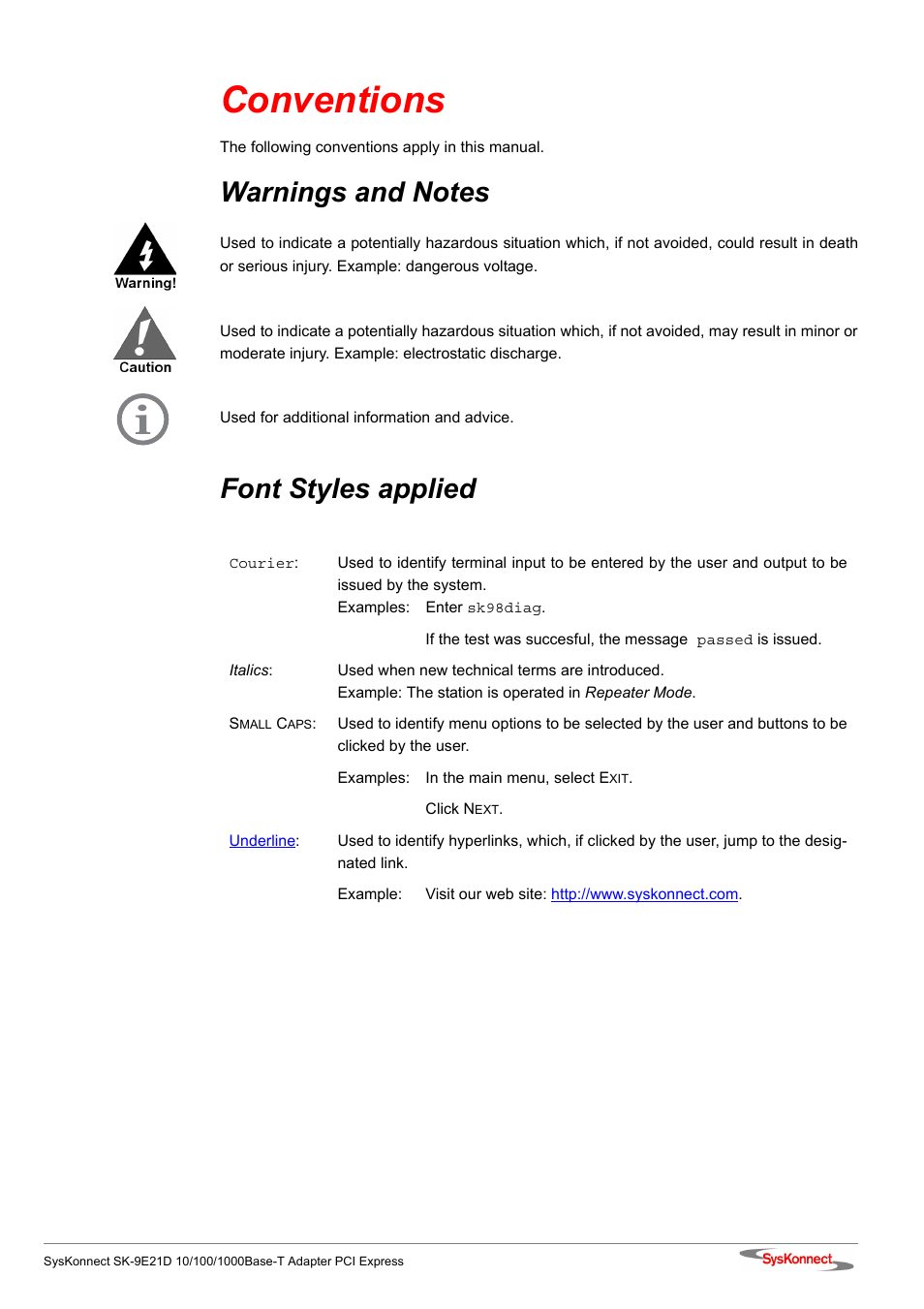 Conventions, Warnings and notes, Font styles applied | SysKonnect SK-9E21D User Manual | Page 5 / 46