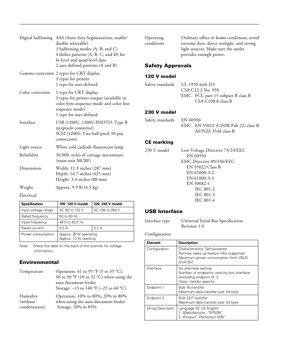 Environmental, Safety approvals, Usb interface | Epson perfection 1200 | Shibaura EPSON PERFECTION 1200 User Manual | Page 2 / 6